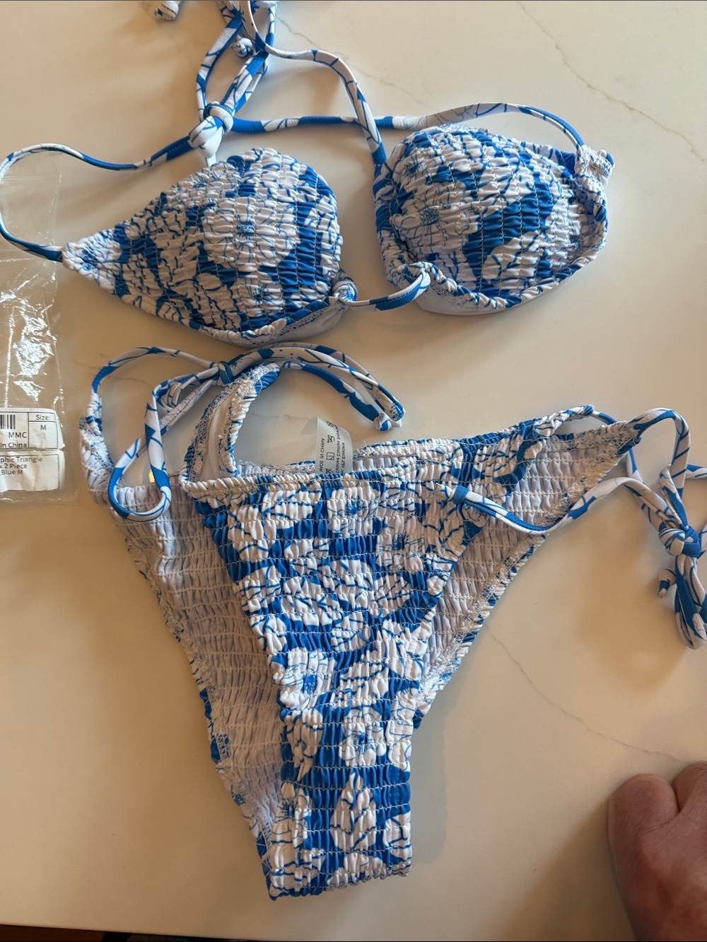 Blue and White Floral Smocked Bikini Set new no tags never worn